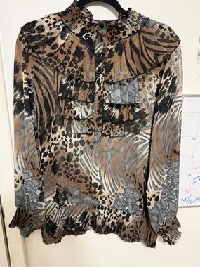 Mixed Animal-Print Ruffle Neck Blouse - Brown/Black/Cream